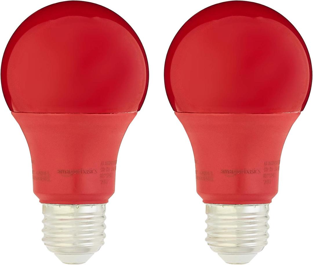 Amazon Basics A19 Red Color Party LED Light Bulbs, 60 Watt Equivalent, Energy Efficient 9W, E26 Standard Base, Non-Dimmable, 10,000 Hour Lifetime, 2-Pack