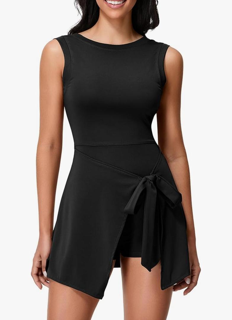 Women Tennis Dress with Shorts Sleeveless U Neck Backless Mini Tank Dress with Built-in Bra 2-Piece Golf Tracksuit XL Black