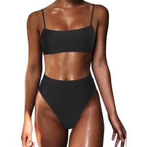 MOSHENGQI Women High Wasited Bikini Shoulder Strap 2 Piece High Cut String Swimsuits (X-Large, Black)
