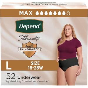 Depend Silhouette Adult Diapers, Incontinence & Postpartum Bladder Leak Underwear for Women, Maximum Absorbency, Large, Black, 52 Count (2 Packs of 26)