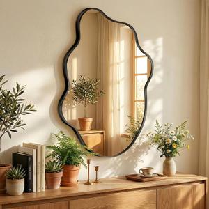 Black Mirror Irregular Wall Mirror, Asymmetrical Mirror, Irregular Bathroom Mirror, Decorative Wall Mirror, Wavy Abstract Mirror for Bedroom, Bathroom & Hallway (24"x36", 1 Pack)