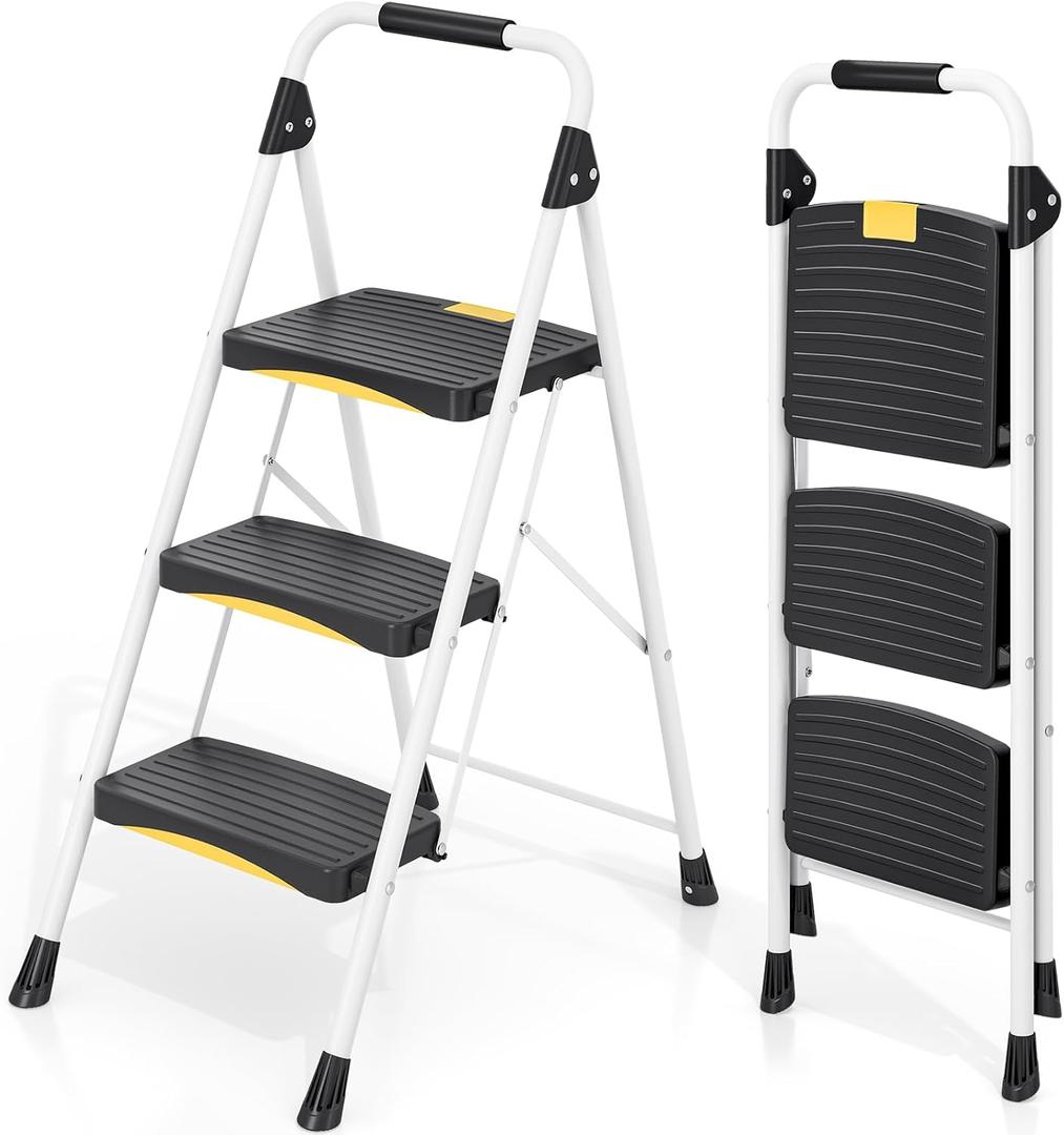 3 Step Ladder, Folding Steel Step Stool with Safety Lock, Anti-Slip Wide Pedals, Pass 800lbs Load Testing, Handrail, Heavy Duty Portable Ladder for Multi-Purpose, Indoor, Office, Kitchen (Black&white)