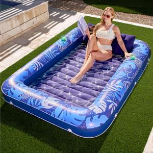 SLOOSH Inflatable Tanning Pool Lounger Float, 85" x 57" Extra Large Pool Floats Adult with Pillow, 4 in 1 Suntan Tub Raft Floatie,Sunbathing Bed Lounge for Water Blow Up Ball Pit, XL-Dark Blue
