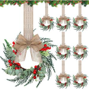 Hotop 8 Set Mini Wreaths for Kitchen Cabinet 12 Inch Small Christmas Wreath with Burlap Ribbon Red Berry and Eucalyptus Leaves for Xmas Window Front Door Fireplace Chair Farmhouse Hanging Decor