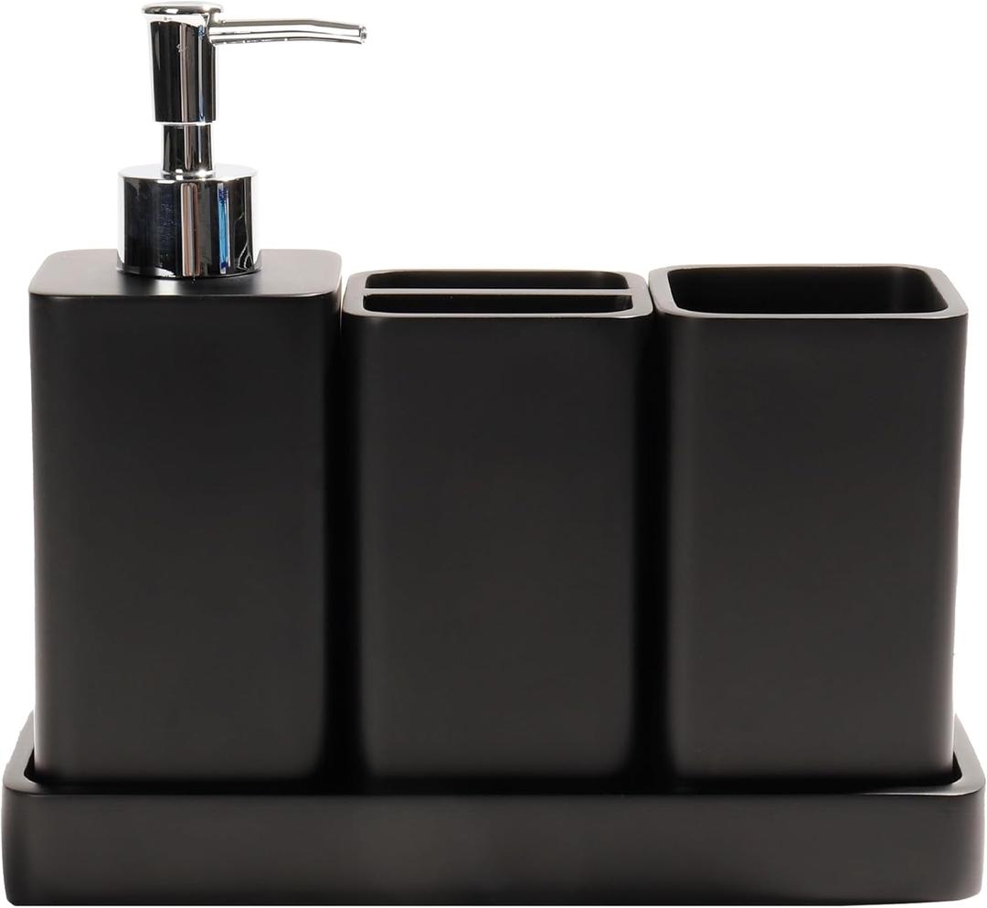 YMXYJM Bathroom Accessories Set, 4 Pcs Bathroom Accessory Set, Soap Dispenser, Toothbrush Holder, Qtip Holder Set, Bathroom Sets Complete, Bathroom Sink Set for Modern Home Decor, Black