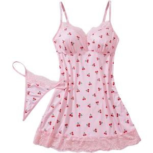 WDIRARA Women's Cherry Lingerie Dress 2 Piece Sleepwear Lace Trim Chemise Nightgown with Thong Small