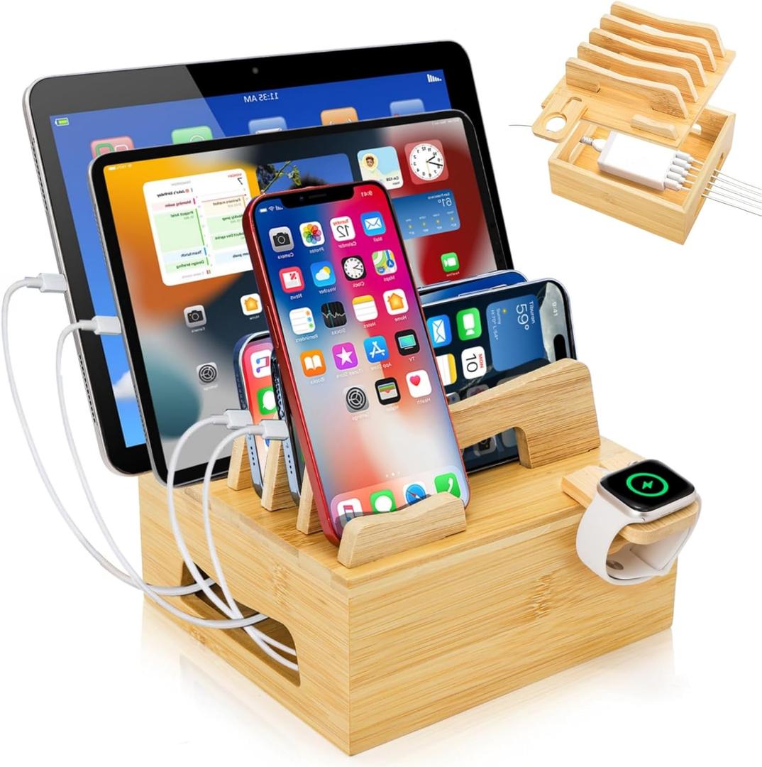 Bamboo Charging Station for Multi Devices, Desktop Docking Stand with Removable Dividers, Cell Phone Docking Station Charger Organizer for Tablets, Smart Watch