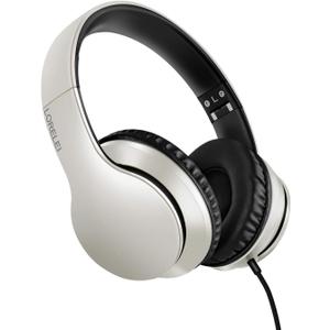 LORELEI X6 Over-Ear Headphones with Microphone, Lightweight Foldable & Portable Stereo Bass Headphones with 1.45M No-Tangle, Wired Headphones for Smartphone Tablet MP3 / 4 (Silver)