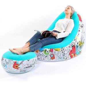 Lazy Sofa, Inflatable Sofa, Family Inflatable Lounge Chair, Graffiti Pattern Flocking Sofa, with Inflatable Foot Cushion, Suitable for Home Rest or Office Rest(Blue)