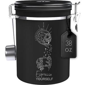 Large Coffee Canister  Airtight Stainless Steel Storage Container with Date Tracker & Scoop, Sealed Jar for Grounds, Beans, Tea, Flour, Cereal, and Sugar (Black Esspresso, 38OZ)