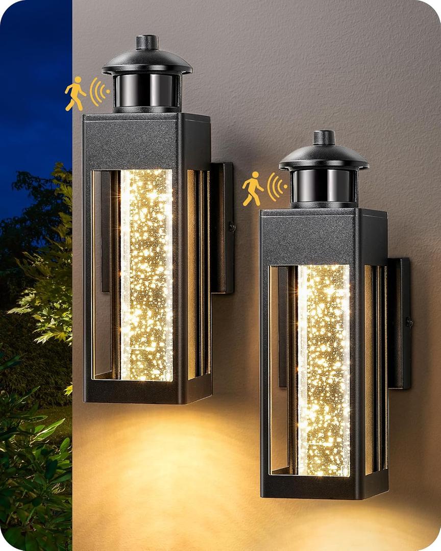 EDISHINE 2 Pack Modern Exterior Lighting Fixtures, LED Outdoor Light Fixtures Wall Mount, with Motion & Photocell Sensor, Crystal Bubble Glass, 3000K, Front Porch Light for House, Garage