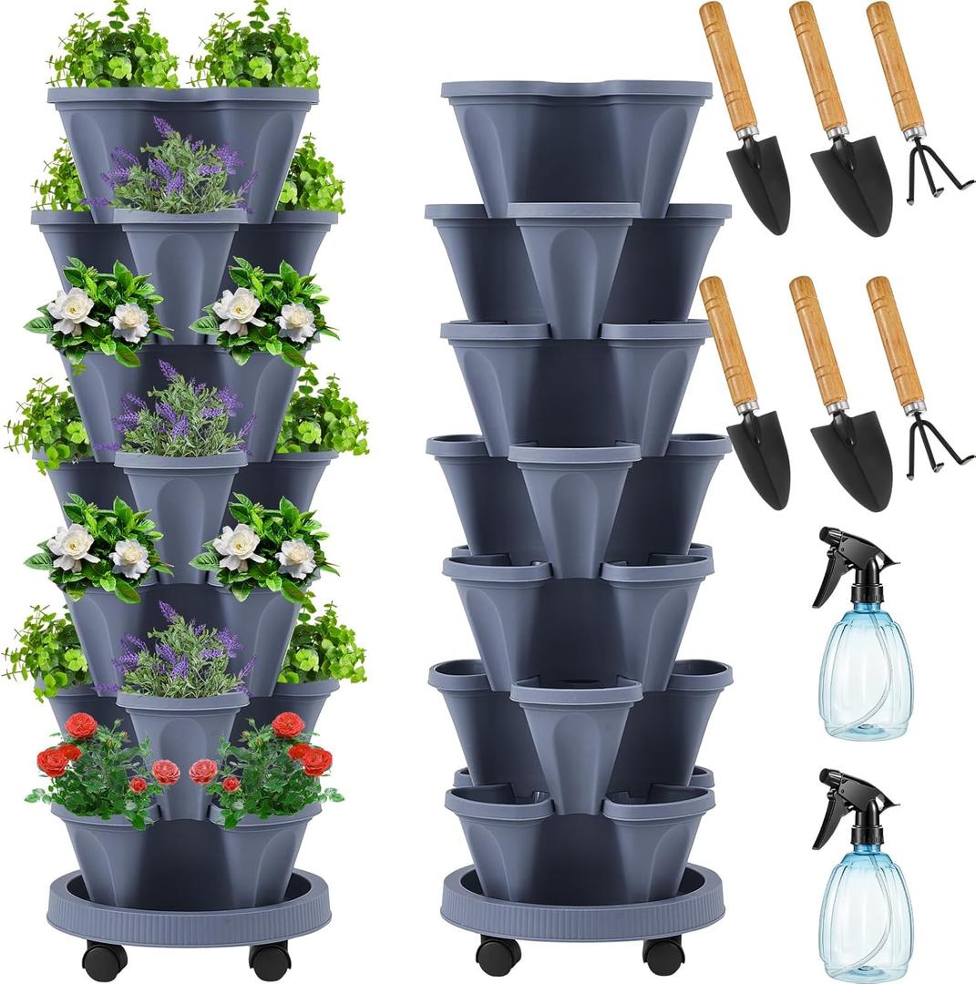 Umigy 2 Set of 7 Tier Vertical Planter Stackable Tower Planters Strawberry Herb Flower and Vegetable Pots Indoor Outdoor Gardening Pots with Removable Wheels and Tools(Dark Gray)