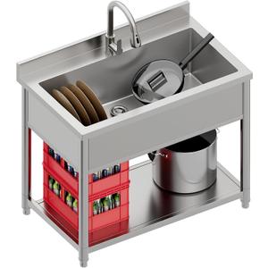 Stainless Steel Utility Sink, Large Freestanding Laundry Sink with Pull-out Faucet for Kitchen, Bathroom, Laundry Room, Garage, Outdoor/Indoor Use, Pet Cleaning, D21.65 x W35.43 x H36.61 inch, D15.7 x W31.4 x H9.4 inches