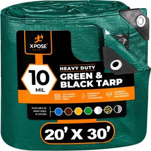 Heavy Duty Poly Tarp 20 Feet x 30 Feet 10 Mil Thick Waterproof, UV Blocking Protective Cover - Reversible Green and Black - Laminated Coating - Grommets - by Xpose Safety