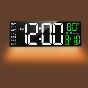 TrophyRak 16" Large Digital Wall Mount Clock, Count Down Timer, Alarm, Big LED, RGB Color, DST, Temperature for Living Room Classroom Desk, Wall, Xmas, Birthday Gift for Senior Mom Dad, White Green