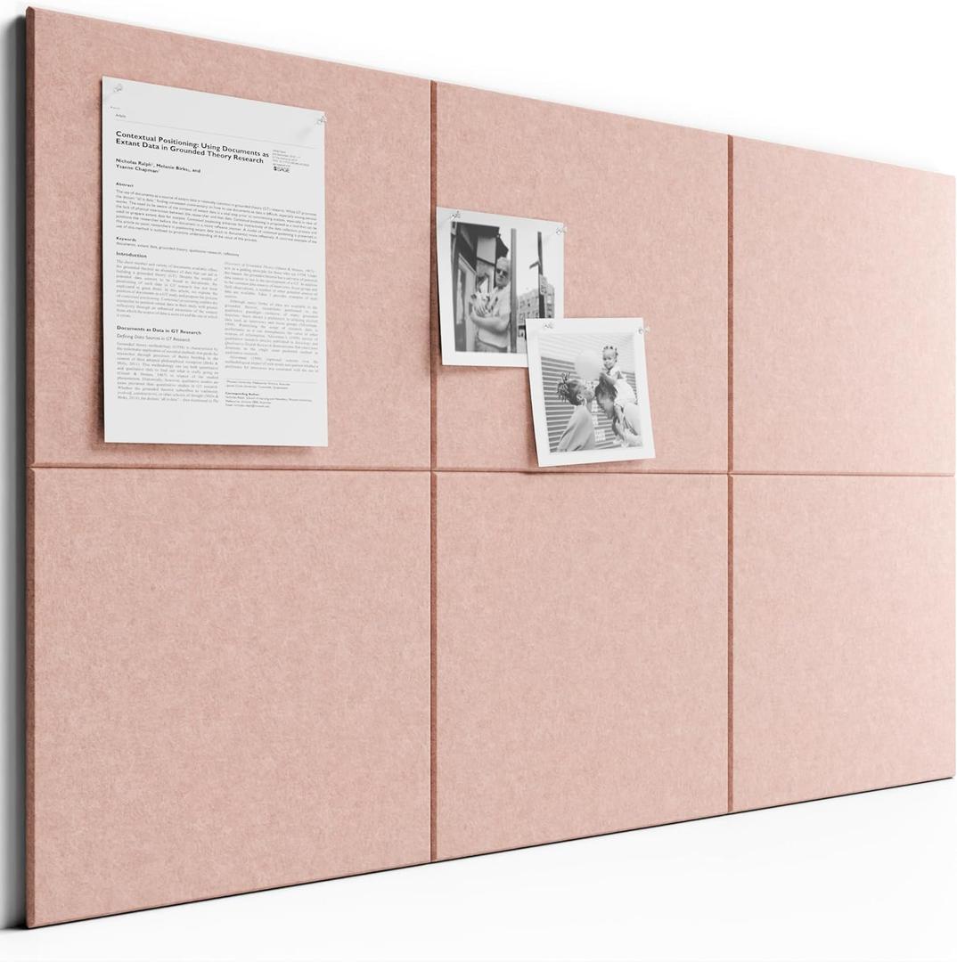 Bumusty Large Cork Board 36" x 24" Alternative - 6 Pack Felt Wall Tiles with 40 Safe Removable Adhesive Tabs, 30 Pushpins, Cork Boards for Walls Pin Board Bulletin Board Office Decor (Pink)