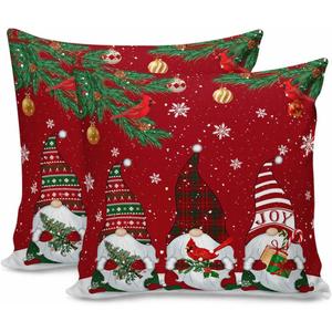 Red Christmas Gnome Cardinals Snowflake Pillow Covers 18x18 Inch Set of 2, Merry Xmas Decorations Outdoor Throw Pillow Covers, Winter Holiday Square Pillowcases for Patio Sofa Couch Bedroom Decorative