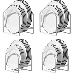 4 Pack Kitchen Plate Holder Organizer for Cabinet Space Saver Dinner Dish Storage Rack Upright Dish Drying Racks Metal Plate Dish Racks Stand for Cupboard and Countertop 2 Large 2 Small White