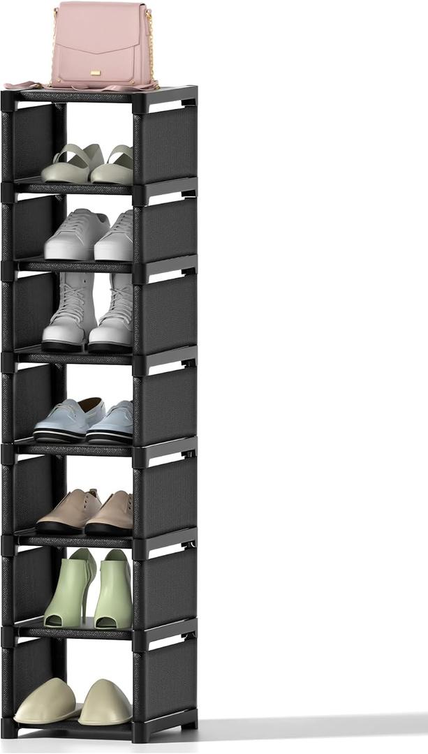 Space-Saving 8-Tier Vertical Shoe Rack, Stackable Narrow Shoe Organizer with Dustproof Fabric Shelves, Sturdy Metal Frame Storage for Entryway Closet Dorm Apartment Small Spaces