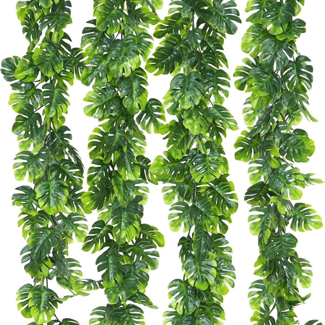 Dolicer 4Pcs Artificial Monstera Leaf Vines, 5.6Ft Fake Hanging Greenery Plants Tropical Palm Leaves Ivy Vine Monstera Garland for Home Garden Porch Patio Hawaiian Party Indoor Outdoor Dcor