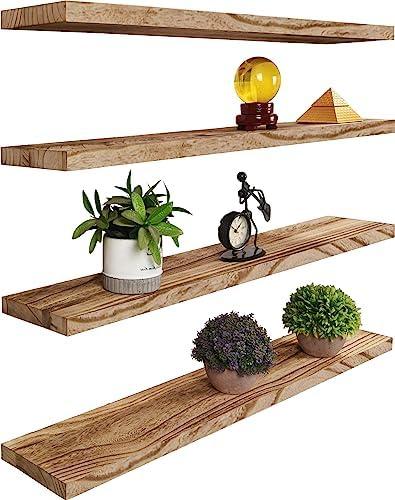 YYWUOJJ Wood Floating Shelves for Wall, Rustic Wall Shelves for Bedroom, Wall Mounted Floating Shelf, Set of 4 Light Walnut 36 Inch