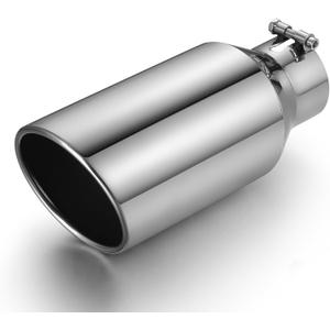 Exhaust Tip 3" Inlet 5" Outlet 12" Long, High Performance Stainless Steel, Rustproof Polished Finish, Rolled Angle Cut, Bolt-On Diesel Tail Pipe, Universal for Car Truck