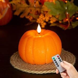 Fall Pumpkin Flameless Candles with Remote, LED Pumpkin Candles Thanksgiving Fall Decorations, Real Wax Battery Operated Electric Fake Candles Halloween (Orange)