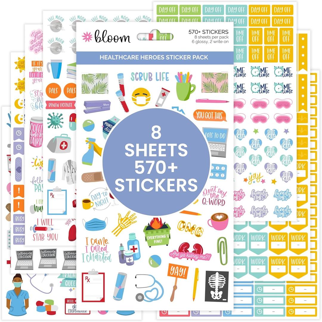 bloom daily planners Healthcare Heroes Planner Stickers - (8 Sheets Per Pack) Essential Caregiver & Frontline Medical Worker Icons for Doctors Nurses Staff - Decorating, Planning & Scrapbooking