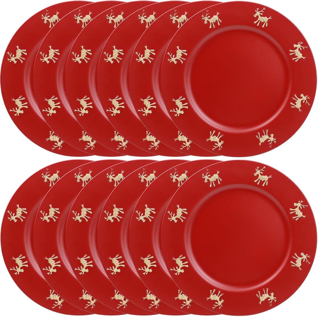 Omuriko Christmas Reindeer Red Charger Plates Set of 6, 13" Plastic Chargers for Dinner Plates, Christmas Party Banquet Serveware Supplies XL12R