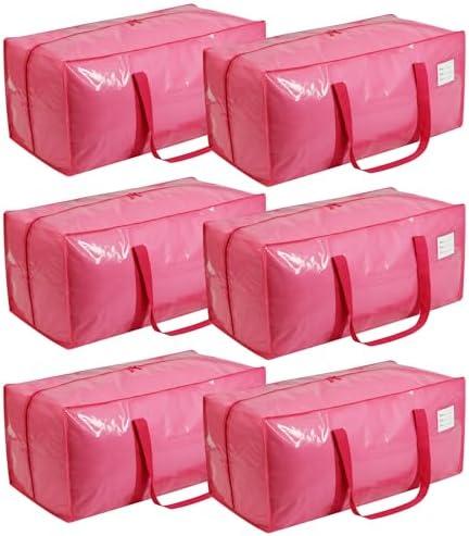 6 Pack Extra Heavy Duty Large Moving Bags with Comfortable Handle & Strong Zipper,Storage Totes for Space Saving Moving Storage College Supplies Alternative to Moving Box,Pink