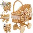 20 In Woven Rattan Stroller Shaped Flower Basket, Vintage Rattan Baby Buggy Planter for Floral Displays, Handwoven Rustic-Style Basket, Tabletop Floral Decor for Baby Shower Wedding Table Centerpieces