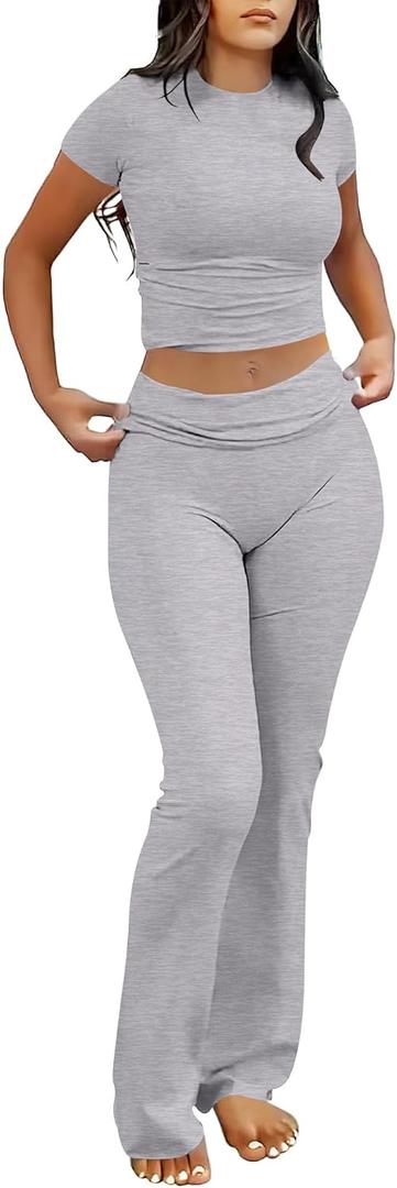 ANRABESS Lounge Sets for Women 2 Piece Foldover Yoga Flare Leggings Pants Crop Tops Casual Y2K Outfits Matching Tracksuit Set (Gray, XXL)