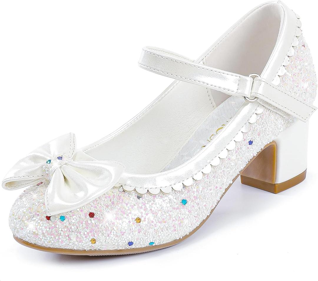 LAURMOSA Toddler Princes Shoes Girls White Dress Shoes Glitter Mary Jane Bowknot Church Shoes for Easter First Communion Flower Girls Wedding Party Toddler Little Big Kids(White, Size 3)