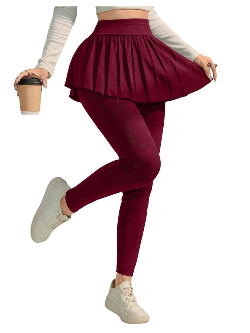 SOLY HUX Women's Leggings with Pleated Skirt Elastic High Waisted Workout Yoga Skinny Pants Pure Burgundy Medium