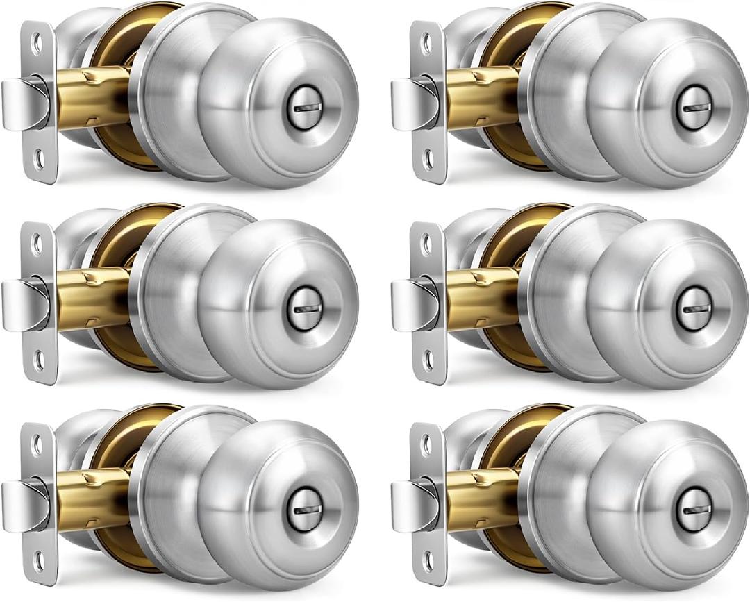 Brushed Nickel Door Knobs, 6 Pack Privacy Door Knobs Interior Door Knobs for Bedroom/Bathroom Keyless Doorknobs Interior/Exterior Lockset, Brushed Nickel Modern Design Door Hardware
