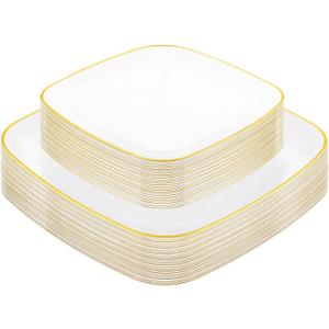 bUCLA 50PCS White and Gold Plastic Plates Disposable - Square Gold Heavy Duty - Include 25 Each (Dinner & Dessert) Plates for Party & Wedding