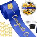 Zeyune 114 Pcs 2026 DIY Graduation Bouquet Set Blue Ribbon with Glitter Gold Congrats Grad Mini Graduation Caps with Tassel Gold Butterfly Decor Diamond Pins for Graduate DIY Flower Gift