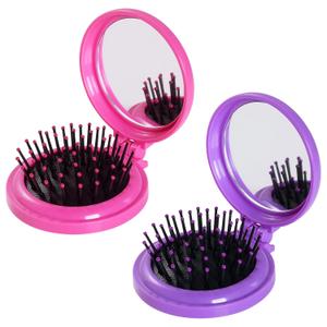 2pcs Folding Travel Mirror Hair Brushes Round Mirror Pocket Hair Brush Portable Mini Pop Up Hair Brushes for Women Girls Wet and Dry Hair (Rose Red, Purple)