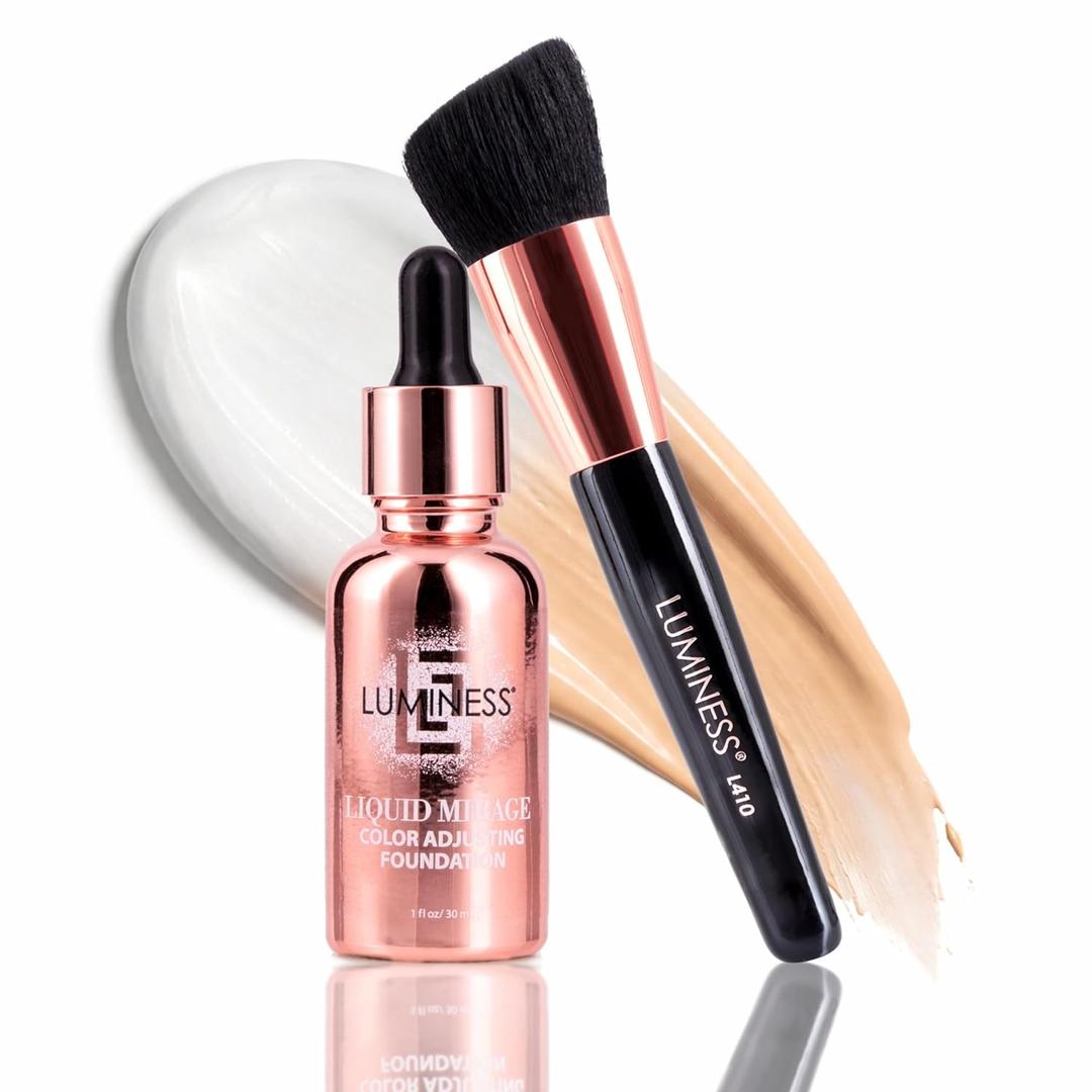 LUMINESS Liquid Mirage w/SPF 50 Color Adjusting Foundation Kit - Color Changing Foundation, SPF 50 Primer & Makeup Brush, Face Makeup for Mature Skin, 4in1 Liquid Foundation, Concealer & Moisturizer (03 Medium)