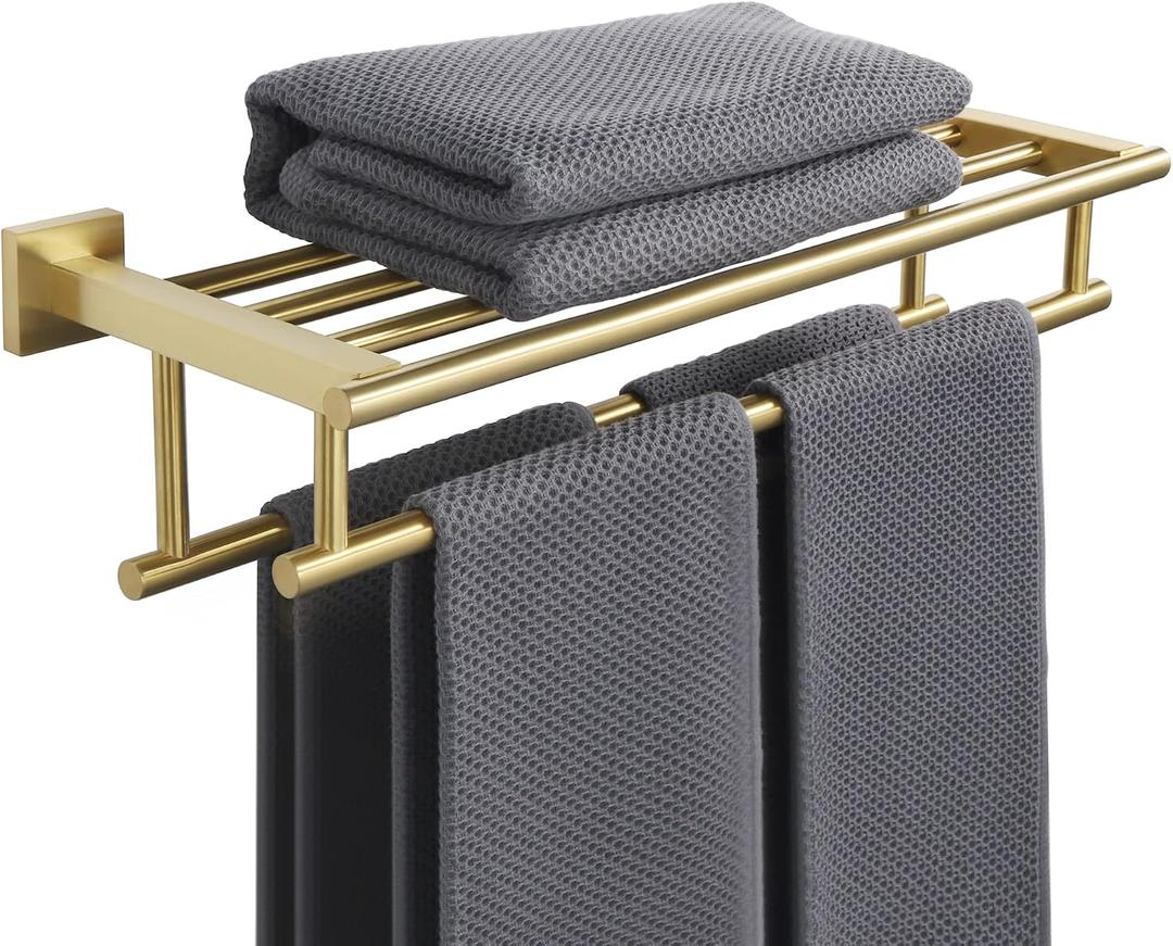 Alise Double Towel Rack for Bathroom Wall Mounted 16 Inch,Gold
Bathroom Tower Holder Towel Shelf with Double Towel Bars,SUS304 Stainless Steel Towel Rack with Shelf for Lavatory Kitchen