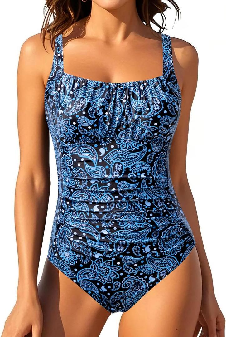 Aqua Eve One Piece Bathing Suit for Women Tummy Control Swimsuit Slimming Vintage Swimwear (XL)