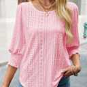 Tankaneo Womens 3/4 Length Sleeve Ladies Tops and Blouses Casual Eyelet Top Crewneck Dressy Shirts with Smocked Cuffs 2025 (M)