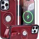 for iPhone 16 Pro Leather Case with Stand, Anti-Slip Grip Ring, Fits for MagSafe (Burgundy, IP 16 Pro-6.3inch)