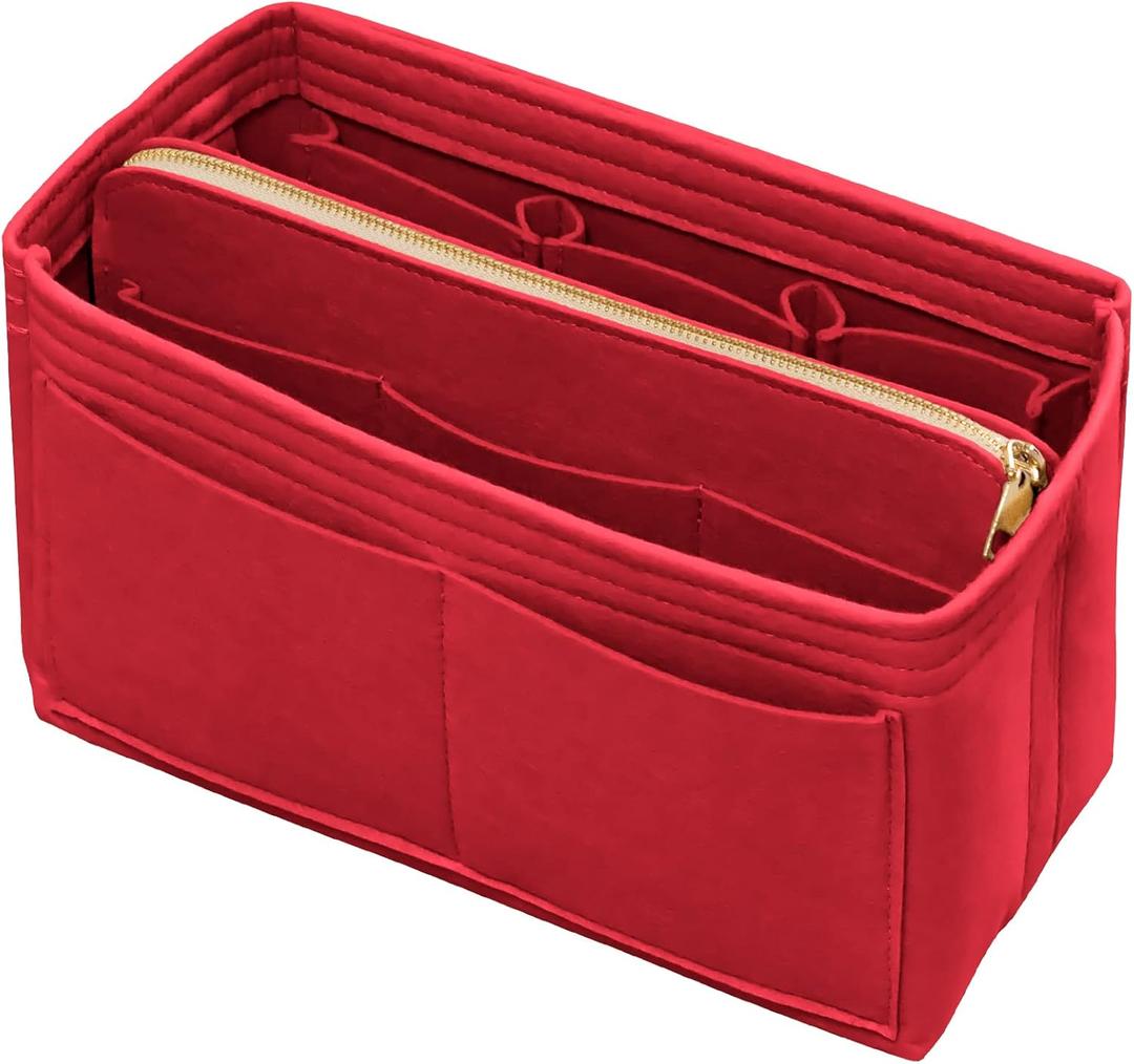 DailyPlus Purse Organizer Insert with Zipper Felt Bag Organizer Handbag Organizer Insert Bag in Bag Organizer with Key Chain for Tote Purse Bag, Red, Small