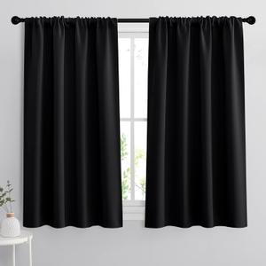 RYB HOME Bedroom Blackout Curtains 45 inches Length - Black Curtains Light UV Block Insulated Energy Saving Drapes for Bedroom Dining Living Room, 42 x 45 inches Long, Black, Set of 2