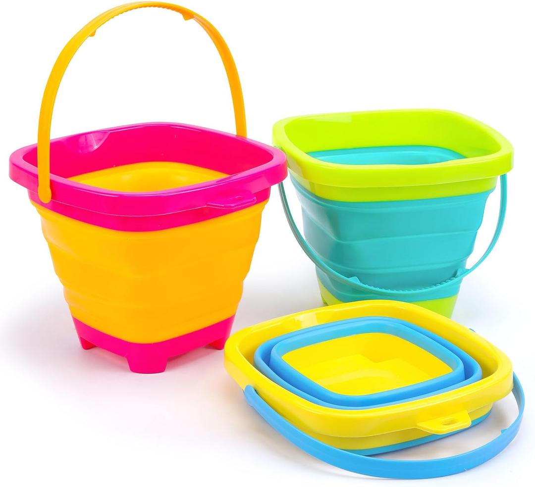 Shindel 3Packs Foldable Pail Bucket, 2L Silicone Collapsible Beach Toys Bucket for Kids, Multi Purpose for Fun Summer Activities, Camping Gear, Beach Essentials