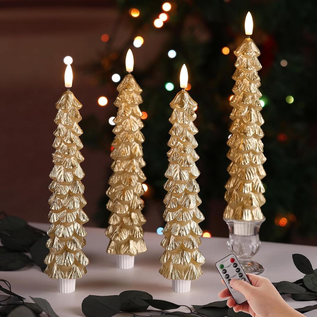 Eywamage Gold Christmas Tree Candles with Remote, Real Wax Flickering Flameless LED Taper Candles Set of 4