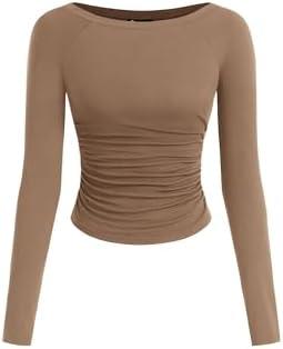 PRETTYGARDEN Long Sleeve Shirts for Women 2025 Fall Ruched Sides Boat Neck Basic Tee Casual Fitted Ribbed Knit Crop Tops Size S