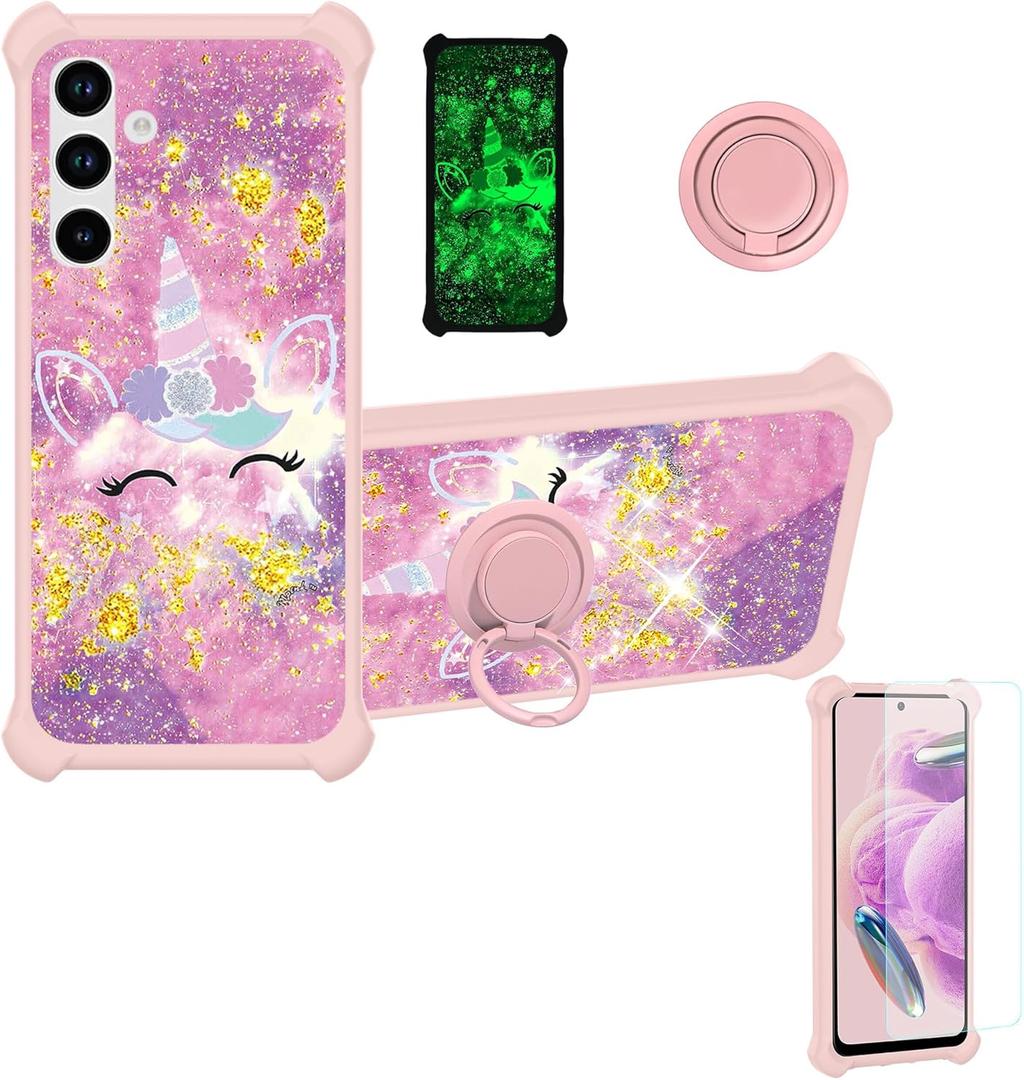 Galaxy A35 A55 5G Case Compatible with Samsung Galaxy A35 5G Phone Case Galaxy A55 5G Case Cover [with Tempered Glass Screen Protector][Hard PC + Soft Silicone] [Gold Glitter+Luminous] JSF-DJS