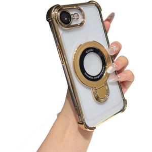 Clear case for Phone 16E with Full Camera Lens Protection(Compatible with Mag-Safe),Military Shockproof Electroplate Bumper Slim Cover Built-in Invisible Ring Stand-Gold